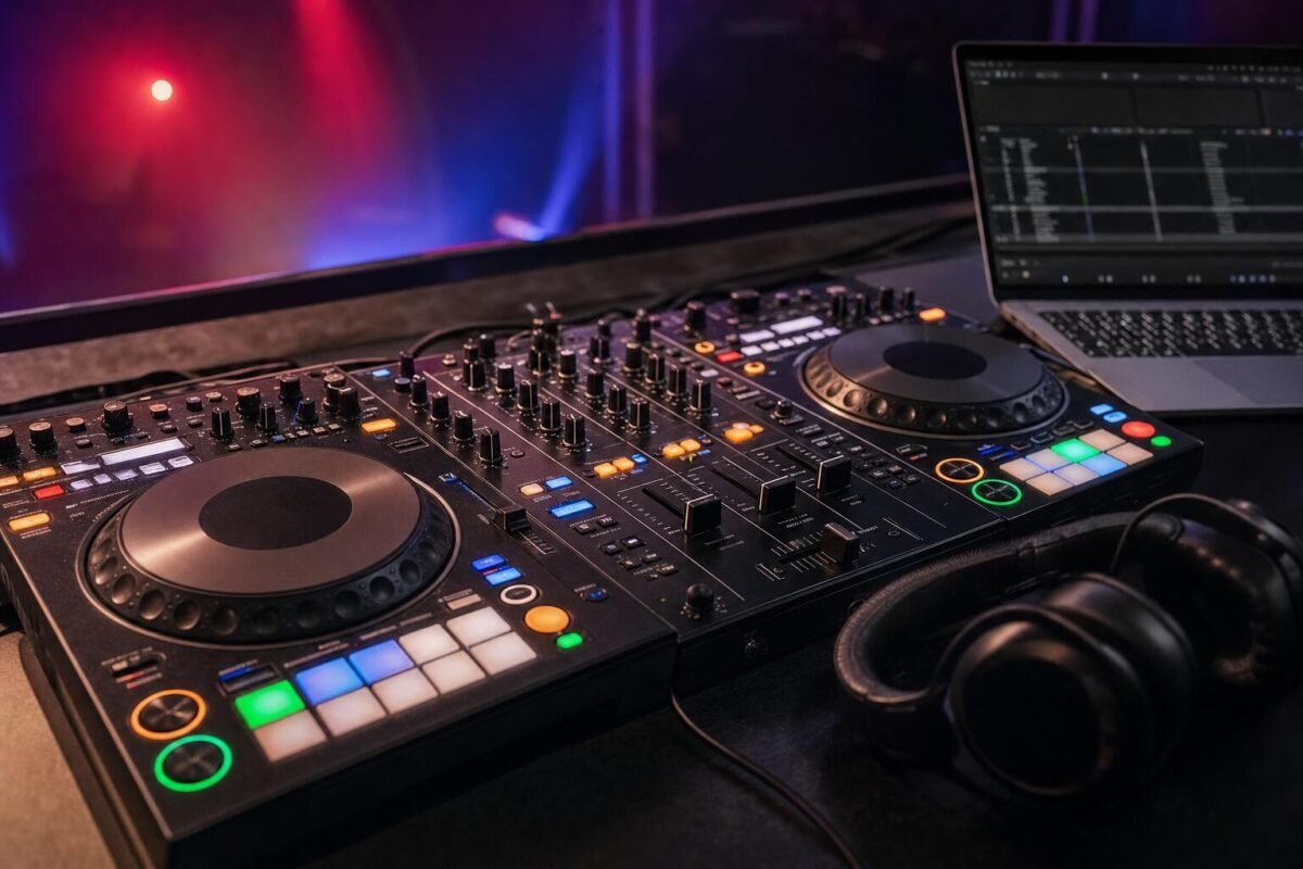 DJ controller, laptop and headphones in a DJ booth