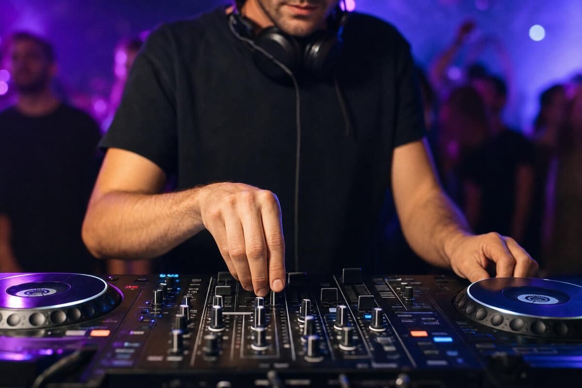 DJ mixing on a controller at a party with the crowd behind