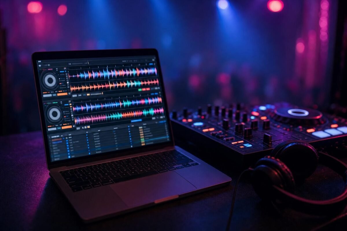 Laptop showing DJ software waveforms next to a DJ controller