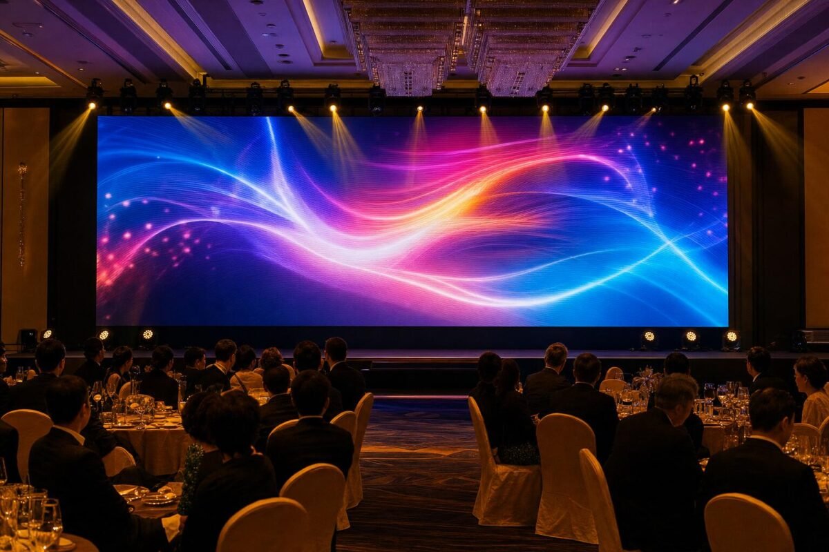 Large LED video wall on stage at a corporate gala in a hotel ballroom