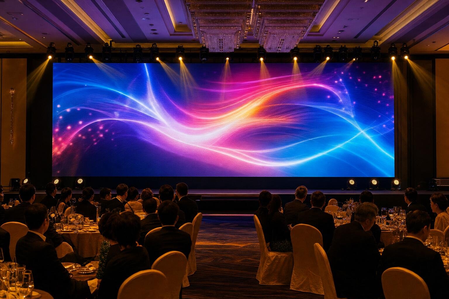 Large LED video wall on stage at a corporate gala in a hotel ballroom
