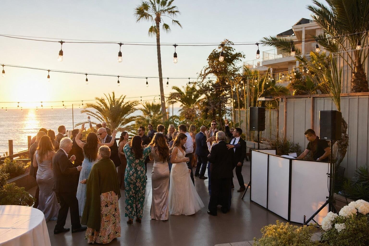 Ocean view wedding reception at sunset in Orange County with a DJ booth and guests dancing