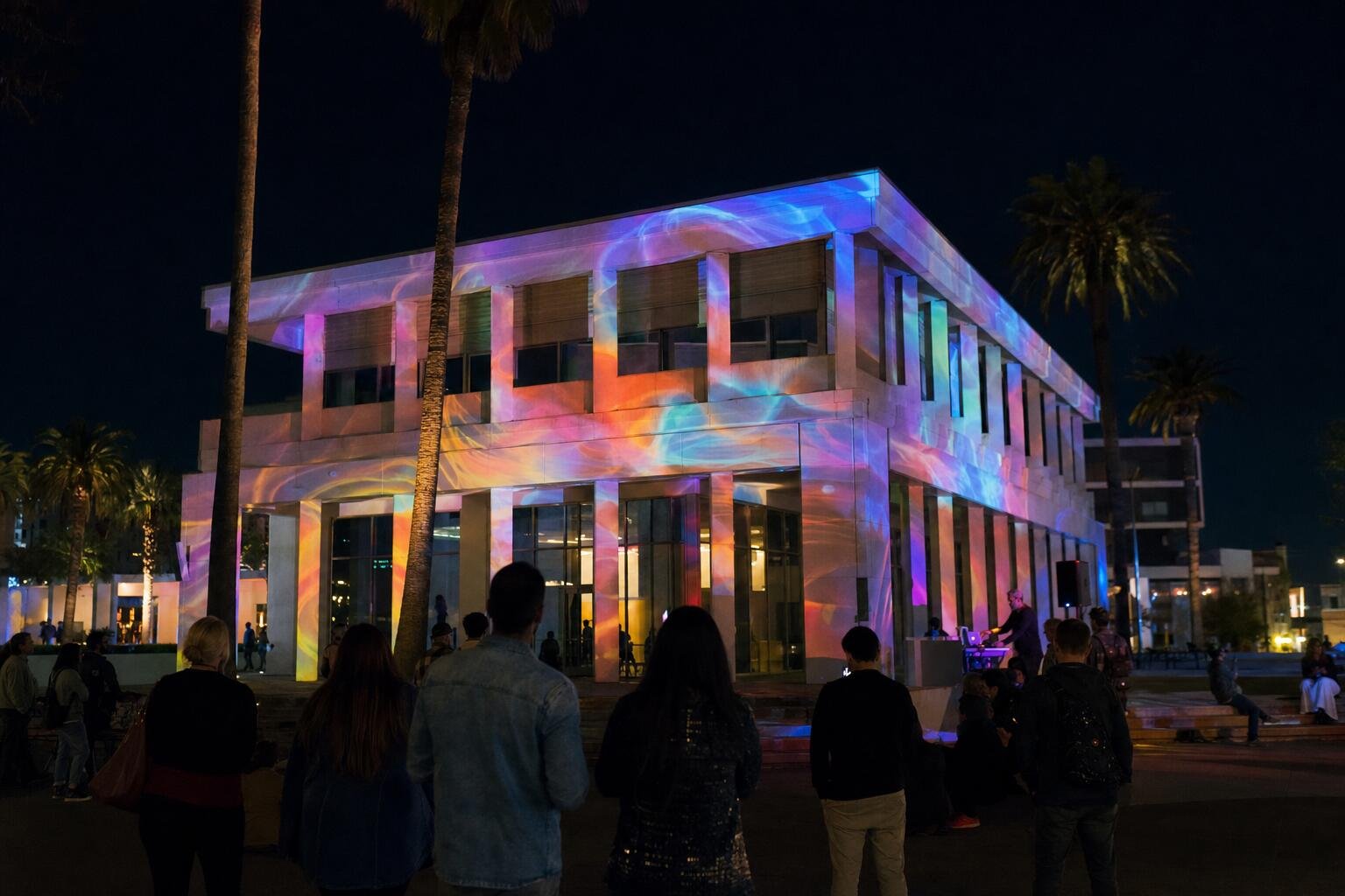 Projection mapping show on a building at night in Los Angeles